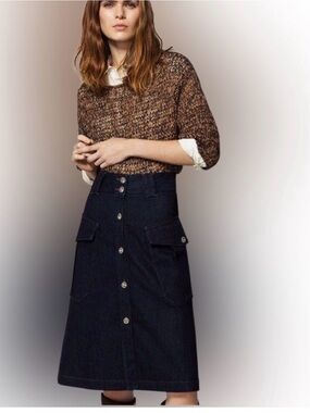 Massimo Dutti High-Waist Button-Front Dark Denim Skirt - Navy Size 4